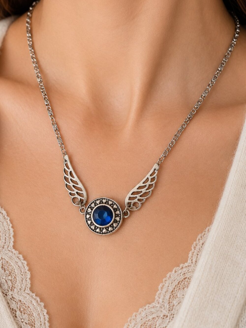 Silver Angel Wing Snap Necklace Sapphire Blue Rhinestone Interchangeable Charm
